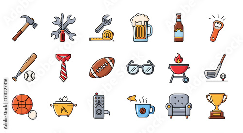 Illustration of various objects including sports tools and leisure items