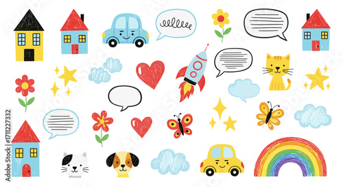 Illustration of houses, cars, animals, and other colorful elements