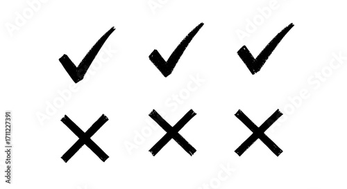 Illustration of three check marks and three crosses in black and white