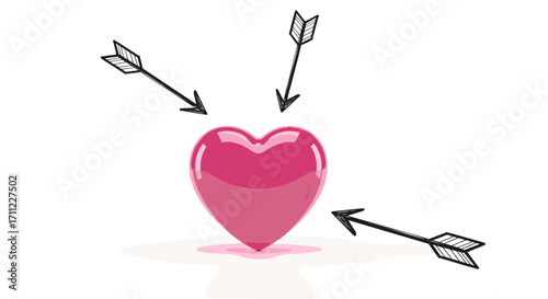 Three arrows aiming at a pink heart in a love and romance illustration