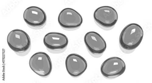Ten gray translucent irregular oval shapes arranged on a white surface
