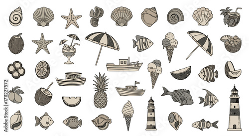 Collection of summer themed icons including shells fish and ice cream