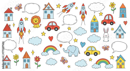 Illustration of houses, cars, rockets, animals, and other cute objects