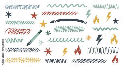 Illustration of hand drawn doodles including stars crayons and zigzags
