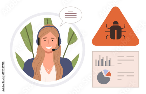 Customer service agent wearing a headset with speech bubble, bug warning sign, and data charts. Ideal for IT support, software troubleshooting, data analysis, customer service, cybersecurity
