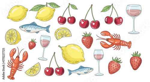 Illustration of lemons, cherries, fish, strawberries, lobster and wineglass