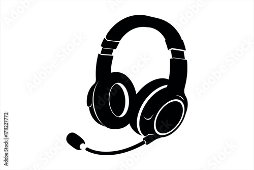 Black silhouette of gaming headset with microphone on white background headphones