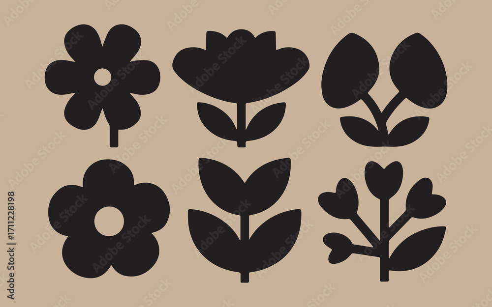 Fototapeta premium Set of six stylized black floral silhouettes on a beige background