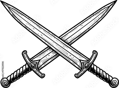 two swords crossed sketch engraving black and white outline. Scratch board imitation.
