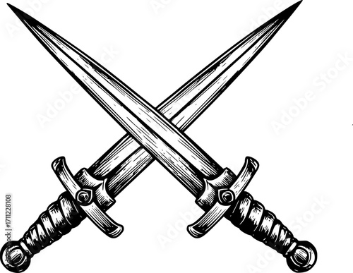 two swords crossed sketch engraving black and white outline. Scratch board imitation.
