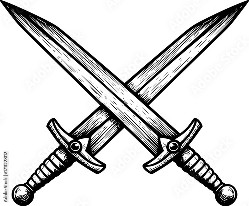 two swords crossed sketch engraving black and white outline. Scratch board imitation.

