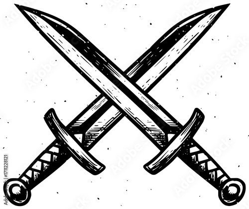 two swords crossed sketch engraving black and white outline. Scratch board imitation.
