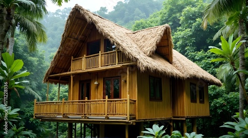 Escape to a tranquil bamboo house nestled in lush tropical foliage, perfect for a serene vacation rental
