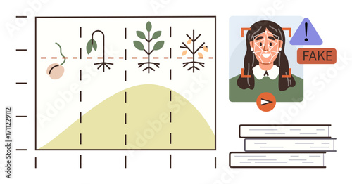 Growth stages chart with seed, sprout, plant, and decline beside fake identification face scan, alert sign, and books. Ideal for education, growth analysis, misinformation identity AI science