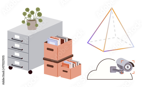 Office filing cabinet with plant, book storage boxes, translucent geometric pyramid, and cloud-integrated security camera. Ideal for organization, security, workflow, surveillance, workspace