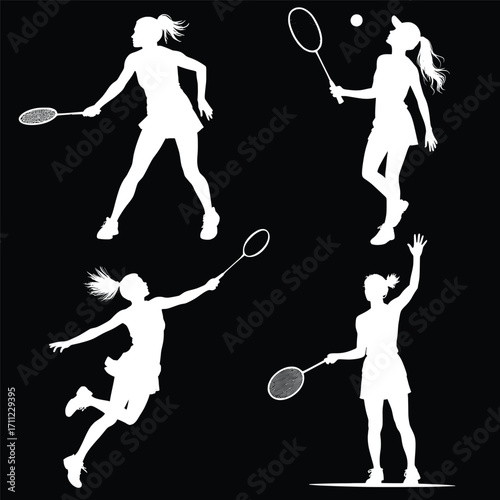 Female Badminton Player Silhouettes in Action Poses Jumping Smashing and Serving Sports Vector Illustration Isolated on Black Background