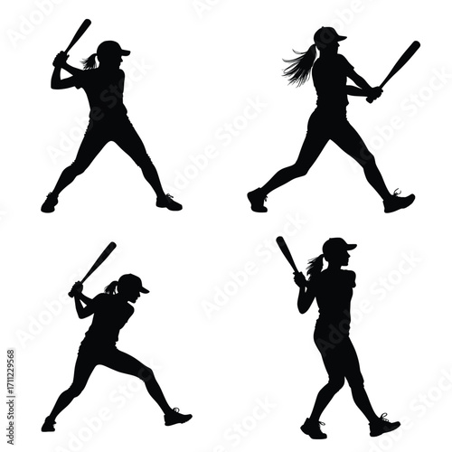 Female Softball and Baseball Player Silhouettes in Batting and Swinging Poses Sports Vector Illustration Isolated on White Background