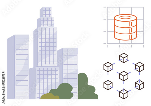 Tall buildings represent urban development, alongside interconnected blockchain cubes and database graph. Ideal for technology, data, networking, innovation, finance, urbanization, digital