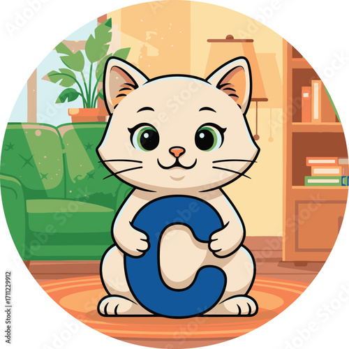 Cute Persian Cat Holding Letter C Vector