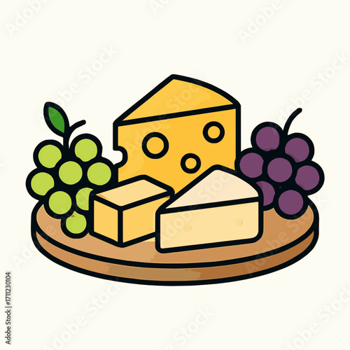 A minimal vector illustration of a cheese platter with grapes on a white background