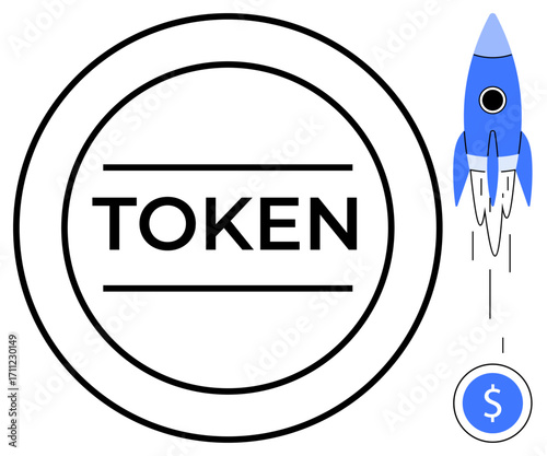 Token inside a circular frame with a rising rocket and dollar symbol. Ideal for finance, cryptocurrency, investment, blockchain, innovation, growth, startup, and simple flat metaphor