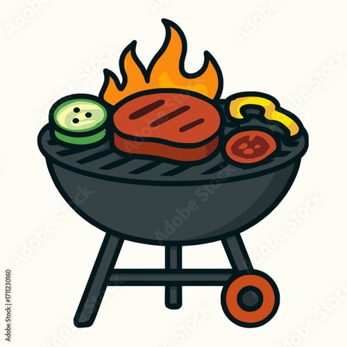 A clean vector of a barbecue grill with meat and vegetables on a white background