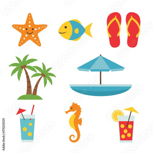 Vibrant summer beach vacation elements featuring tropical flora fauna drinks and recreation accessories