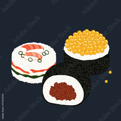 Delicious fresh japanese sushi rolls and nigiri with roe and shrimp topping presented on a dark background