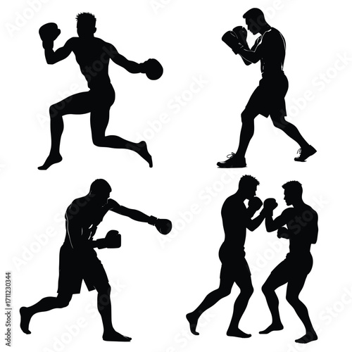 Dynamic Boxing Poses: Energetic silhouettes of a boxer in various stances, showcasing power, agility, and the art of boxing in stunning detail.