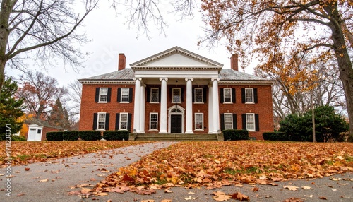 An impressive red brick building with white pillars stands on a lawn covered in fallen autumn leaves under an overcast sky, between bare trees