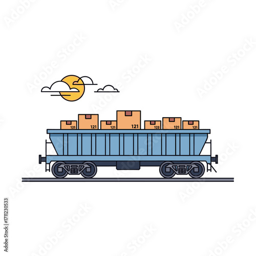 Transportation of goods and cargo in open freight wagons by rail service on a sunny day
