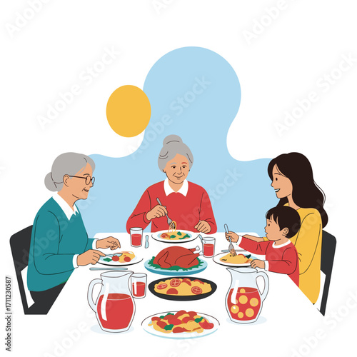 A diverse family enjoying a delicious meal together around the dinner table