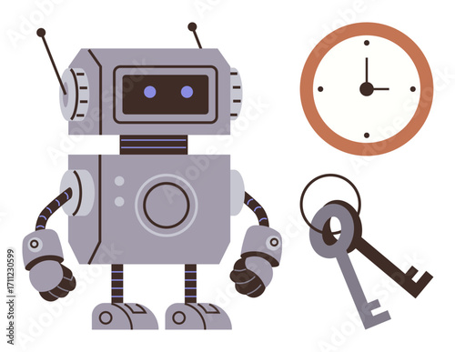 Vintage robot standing with a clock and two keys, symbolizing time, technology, and security. Ideal for innovation, automation, futuristic themes, time management, digital tools access control