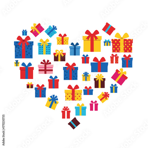 A collection of vibrant gift boxes artfully arranged in a heart shape celebrating joyful occasions and generosity