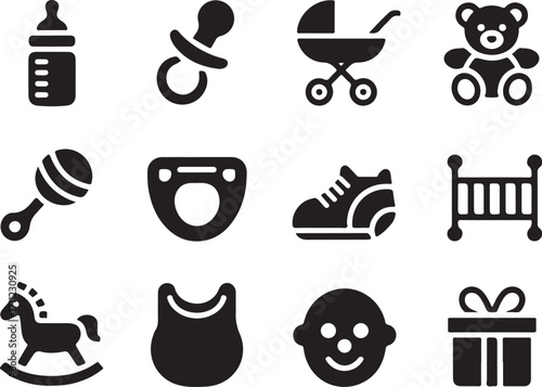 Cute baby items collection icons for newborn care