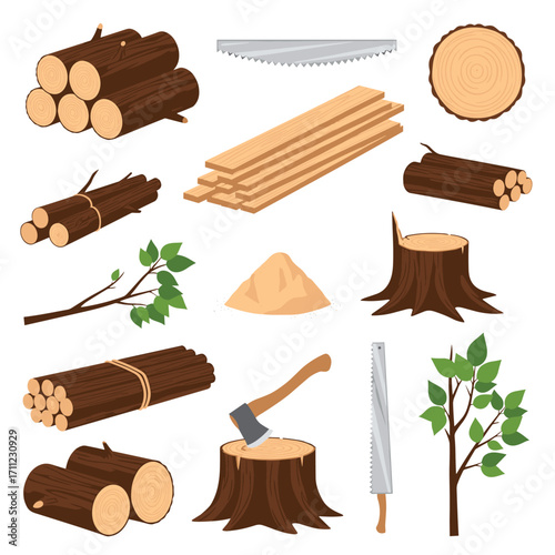 Collection of various wooden materials and forestry tools for woodworking and lumber industry