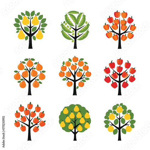 Illustrations of diverse fruit bearing trees showcasing various types of produce growing abundantly