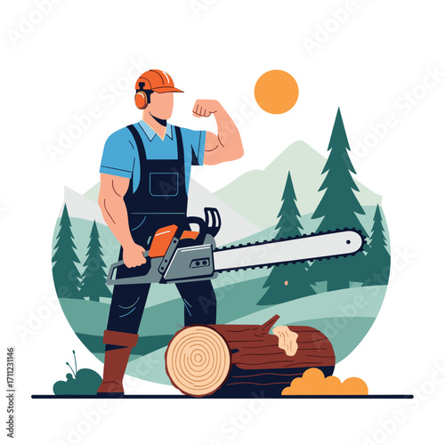 Strong lumberjack flexing bicep while holding a powerful chainsaw in a forest clearing near a felled log ready for processing