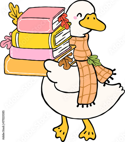 Fall Bookish Silly Goose Reading Carrying Stack Books with Autumn Leaves