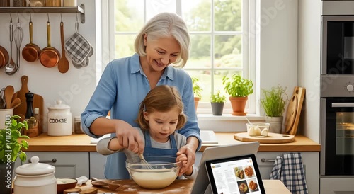 A loving grandmother guides her granddaughter in baking, using a digital tablet for the recipe in a sunny, welcoming kitchen