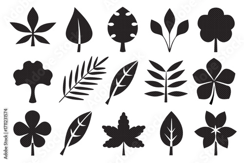 Collection of diverse tree leaves, showcasing various shapes and sizes in a sleek black silhouette design