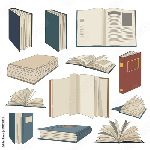 A collection of various books open and closed arranged artistically on a white background for educational and literary themes
