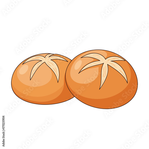 Two golden brown round bread rolls with star scoring on top