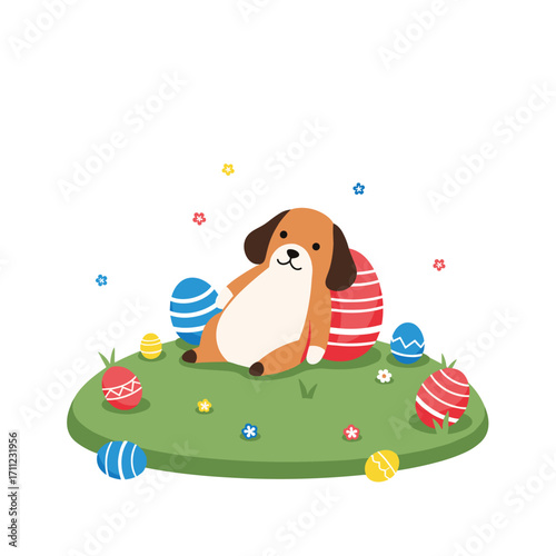 Adorable puppy relaxing amongst colorful decorated easter eggs on a grassy knoll