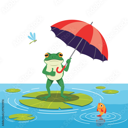 A cheerful green frog holding a red and blue umbrella while standing on a lily pad in a pond with a small fish swimming nearby