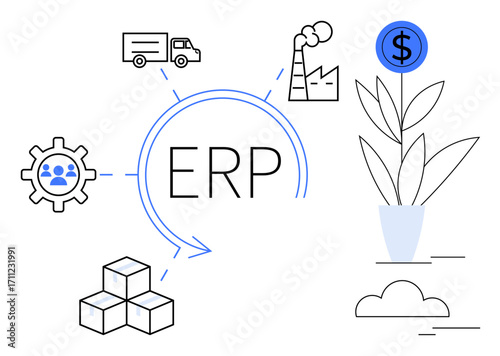 ERP at the center with segmented arrows, gear, truck, factory, cubes, plant, and dollar symbol. Ideal for business management, logistics production finance growth analysis simple flat metaphor