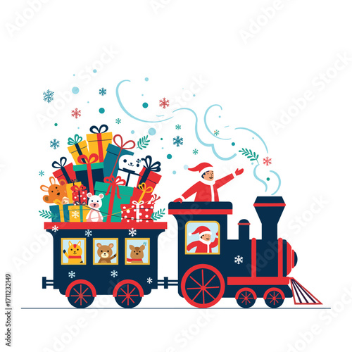 Christmas train delivering gifts and toys with santa claus driving full of holiday cheer and festive spirit