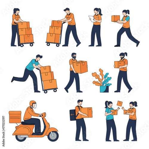 Illustrations of various people engaged in shipping and delivery services working together efficiently