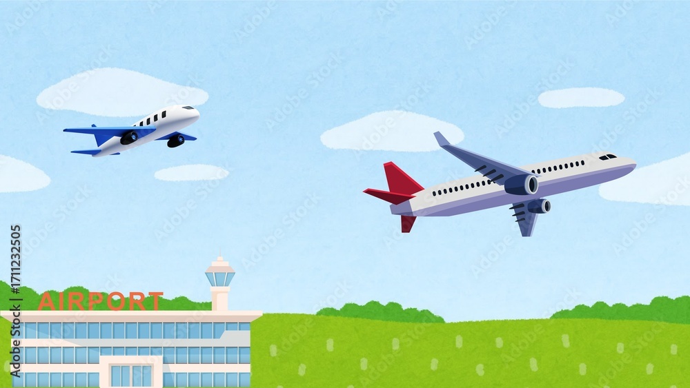 Fototapeta premium Cartoon illustration of airplanes taking off near airport building against blue sky and clouds