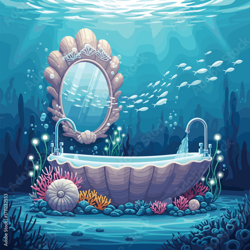 Enchanting underwater oasis a magical bathroom sanctuary adorned with pearls and coral